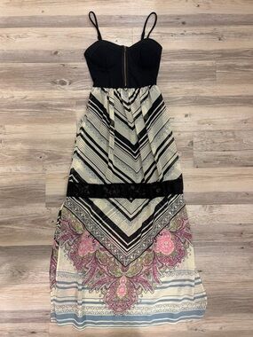 Women's Black Bustier Maxi Dress with sheer floral skirt